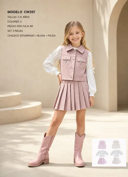 Conjunto de 3 piezas con chaleco estampado, blusa y falda plisada para niña