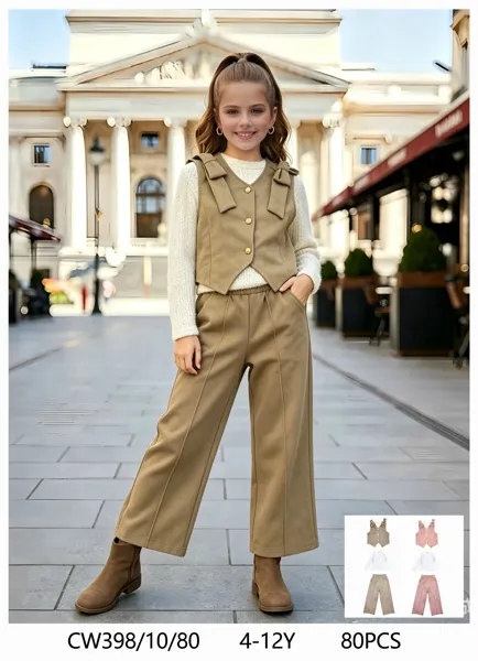 Conjunto de 3 piezas con chaleco con lazos, suéter y pantalón ancho para niña