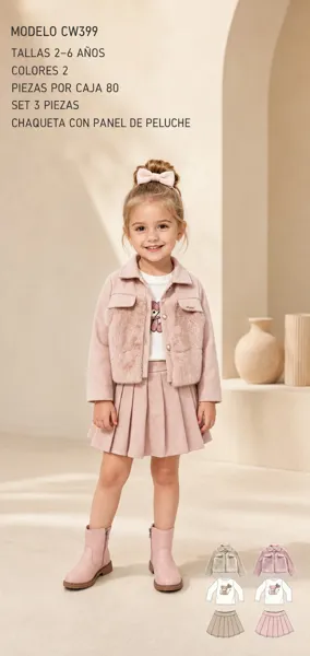 Conjunto de 3 piezas con chaqueta de peluche, blusa y falda plisada para niña