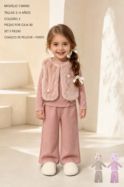 Conjunto de 3 piezas con chaleco de peluche, suéter de punto y pantalón para niña