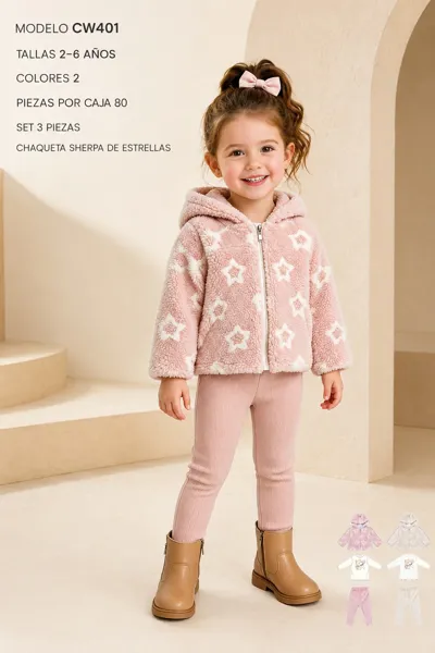Conjunto de 3 piezas con chaqueta sherpa de estrellas con capucha, playera y leggings para niña