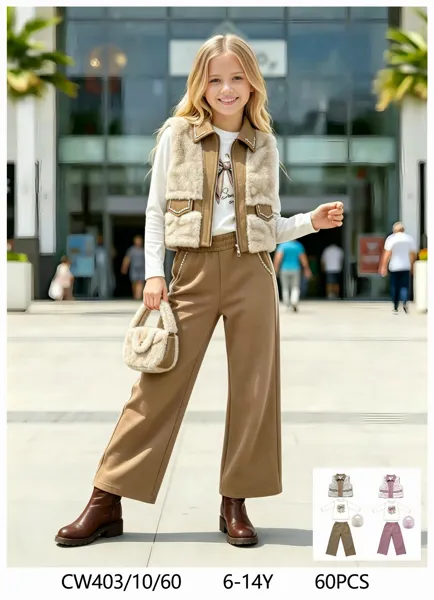 Conjunto de 3 piezas con chaleco de peluche, top y pantalón ancho con bolso a juego para niña