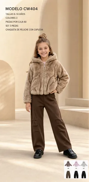 Conjunto de 3 piezas con chaqueta de peluche con capucha, playera y pantalón de pierna ancha para niña
