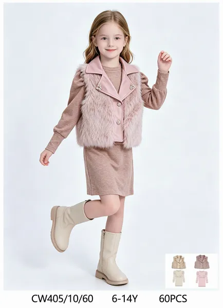 Conjunto de 2 piezas con chaleco de peluche y vestido para niña