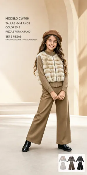 Conjunto de 3 piezas con chaleco de peluche, suéter y pantalón palazzo para niña