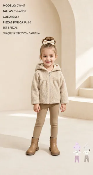 Conjunto de 3 piezas con chaqueta teddy con capucha, playera y leggings para niña