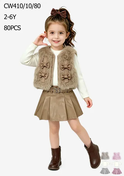 Conjunto de 3 piezas con chaleco de peluche con moños, top y falda para niña