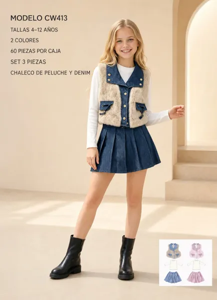 Conjunto de 3 piezas con chaleco de peluche y denim, top y falda plisada de denim para niña