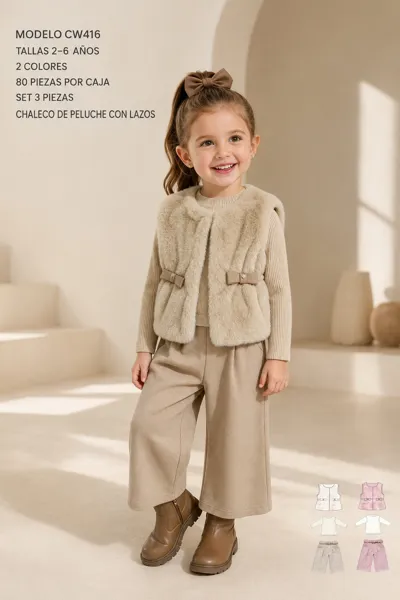 Conjunto de 3 piezas con chaleco de peluche con lazos, top y pantalón para niña