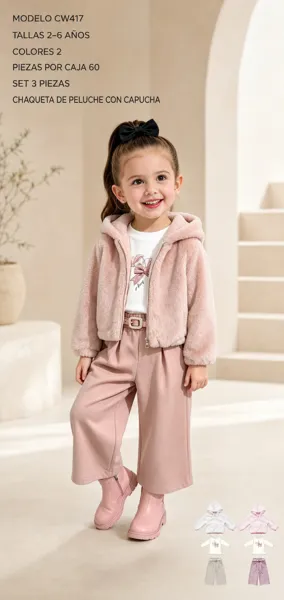 Conjunto de 3 piezas con chaqueta de peluche con capucha, top y pantalón ancho para niña