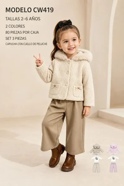 Conjunto de 3 piezas con chaqueta con capucha y cuello de peluche, top y pantalón ancho para niña