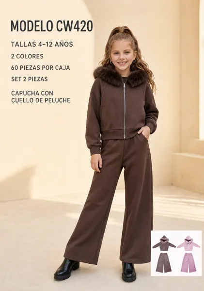 Conjunto de 2 piezas con sudadera con capucha y cuello de peluche y pantalón de pierna ancha para niña