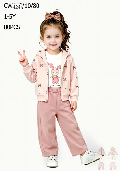 Conjunto de 3 piezas con capucha y conejito, playera y pantalón ancho para niña