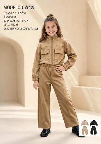 Conjunto de 2 piezas con chaqueta corta de bolsillos y pantalón amplio para niña
