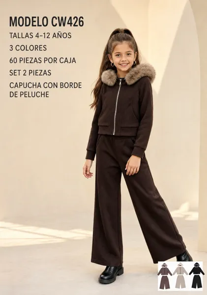 Conjunto de 2 piezas con chaqueta con capucha de borde de peluche y pantalón amplio para niña