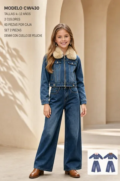 Conjunto de 2 piezas con chamarra de mezclilla con cuello de peluche y jeans acampanados para niña