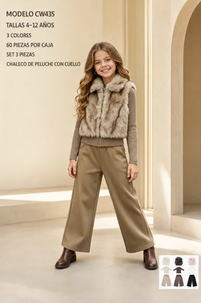 Conjunto de 3 piezas con chaleco de peluche con cuello, top y pantalón de pierna ancha para niña