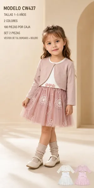 Conjunto de 2 piezas con vestido de tul bordado y bolero para niña