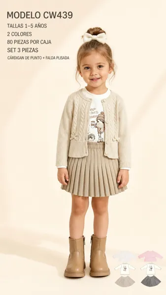 Conjunto de 3 piezas con cárdigan de punto, playera y falda plisada para niña