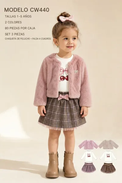 Conjunto de 3 piezas con chaqueta de peluche, playera y falda a cuadros con tul para niña