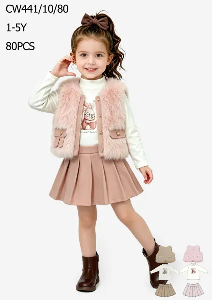 Conjunto de 3 piezas con chaleco de peluche con botones, playera de conejito y falda plisada para niña