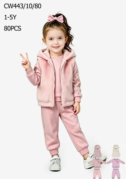 Conjunto de 3 piezas con chaleco de peluche con capucha, sudadera bordada y jogger para niña