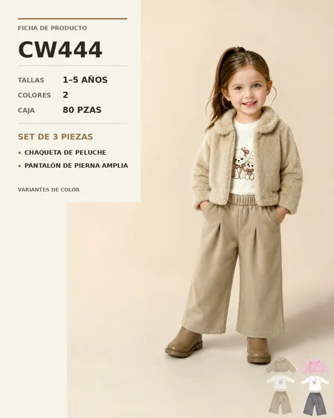Conjunto de 3 piezas con chaqueta de peluche con cuello, playera y pantalón de pierna amplia para niña