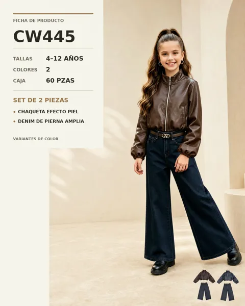 Conjunto de 2 piezas con chaqueta efecto piel y pantalón de mezclilla de pierna amplia para niña