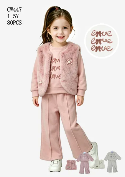 Conjunto de 3 piezas con chaleco de peluche, sudadera y pantalón de pierna ancha para niña
