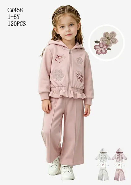 Conjunto de 2 piezas con capucha y flores bordadas y pantalón ancho para niña