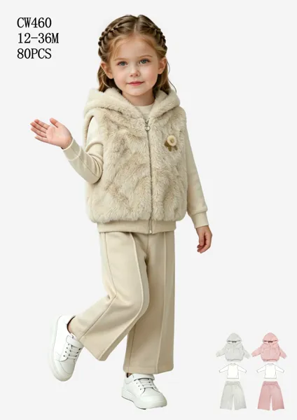 Conjunto de 3 piezas con chaleco de peluche con capucha, top y pantalón ancho para niña