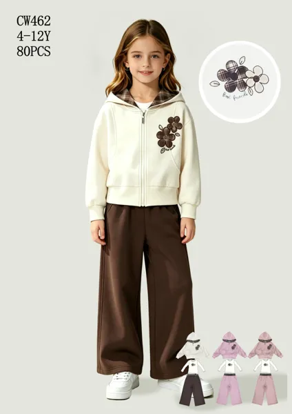 Conjunto de 2 piezas con chamarra con capucha a cuadros y pantalón de pierna amplia para niña