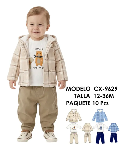 Conjunto de 3 piezas con chaqueta a cuadros con capucha, playera y pantalón para niño