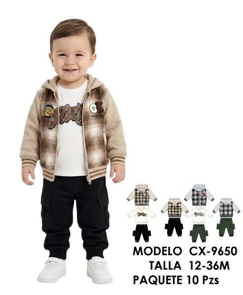 Conjunto de 3 piezas con chamarra con capucha a cuadros, playera y pantalón cargo para niño