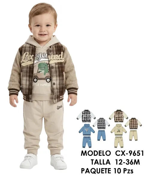 Conjunto de 3 piezas con chamarra de cuadros, sudadera con capucha y pantalón para niño