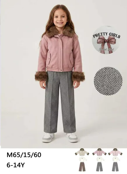 Conjunto de 3 piezas con chamarra de gamuza con cuello y puños de peluche, top y pantalón para niña