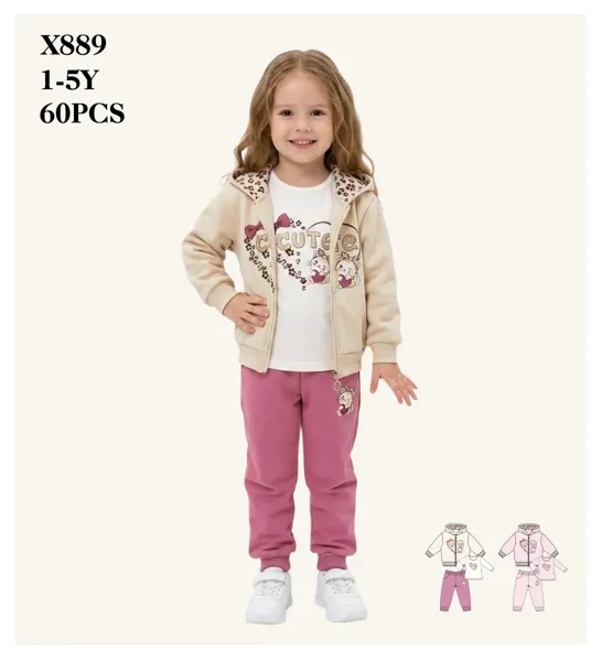 Conjunto de 3 piezas con chamarra con capucha y forro leopardo, playera y pantalón para niña