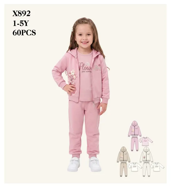 Conjunto de 3 piezas con capucha y estampado floral para niña