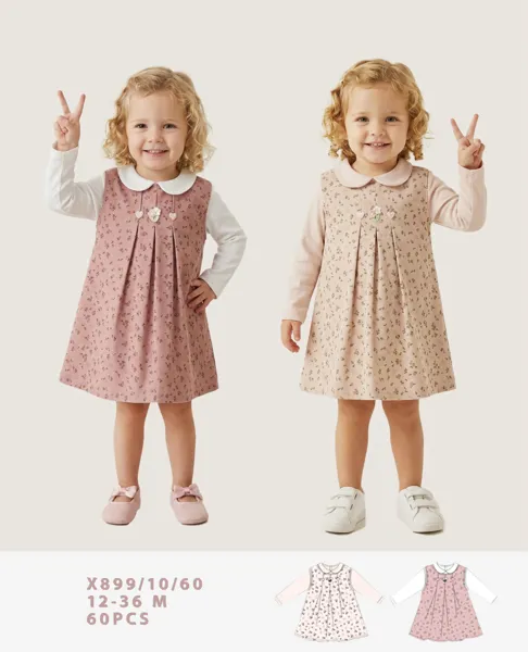 Conjunto de 2 piezas con vestido floral y blusa de cuello para niña