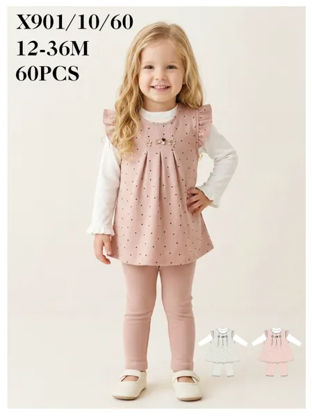 Conjunto de 2 piezas con vestido de puntos sin mangas y leggings para niña