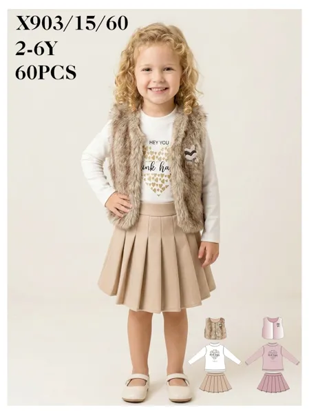 Conjunto de 3 piezas con chaleco de peluche, playera y falda plisada para niña