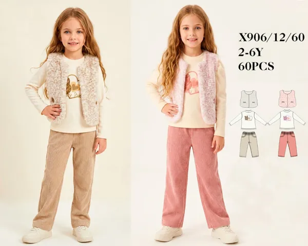 Conjunto de 3 piezas con chaleco de peluche, playera de manga larga y pantalón de pana para niña