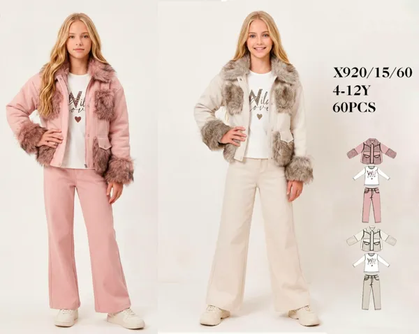Conjunto de 3 piezas con chaqueta de detalles de pelo, playera y pantalón ancho para niña