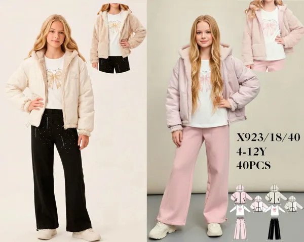 Conjunto de 3 piezas con chamarra acolchada de capucha de peluche, playera y pantalón de pierna ancha para niña
