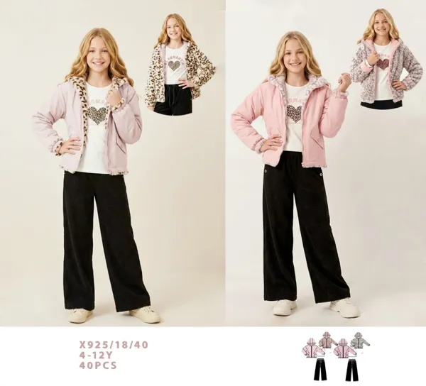 Conjunto de 3 piezas con chamarra reversible de peluche y capucha, playera y pantalón amplio para niña