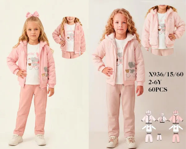 Conjunto de 3 piezas con chamarra de capucha forrada de peluche, playera y pantalón para niña