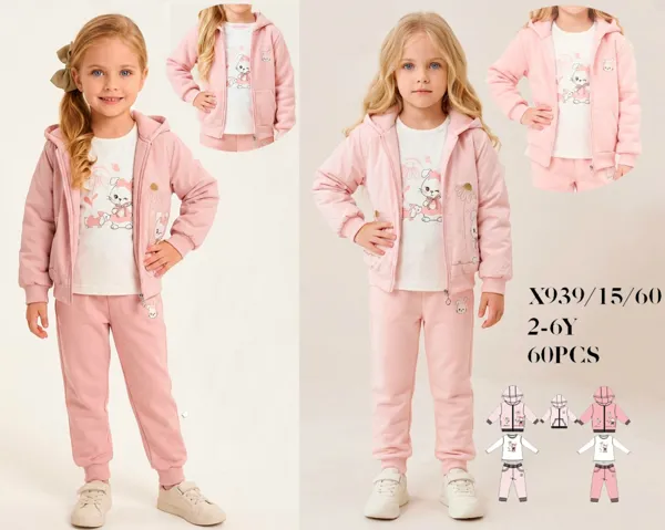 Conjunto de 3 piezas con capucha, estampado de gatito y pantalón jogger para niña