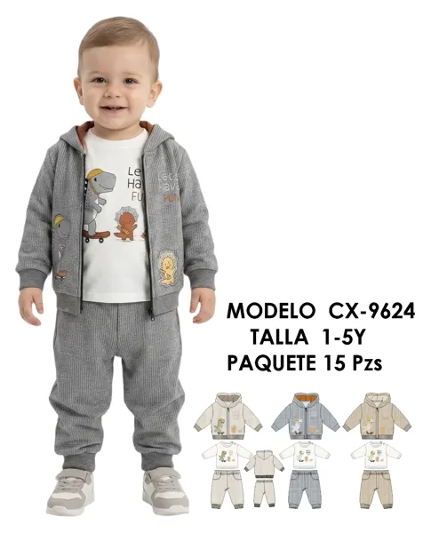 Conjunto de 3 piezas con capucha y estampado de dinosaurios para niño
