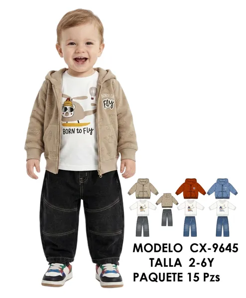 Conjunto de 3 piezas con sudadera de capucha, playera y jeans, estampado Born to Fly para niño