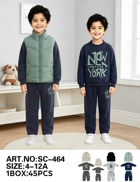 Conjunto de 3 piezas con chaleco acolchado, sudadera y pants estilo urbano New York para niño